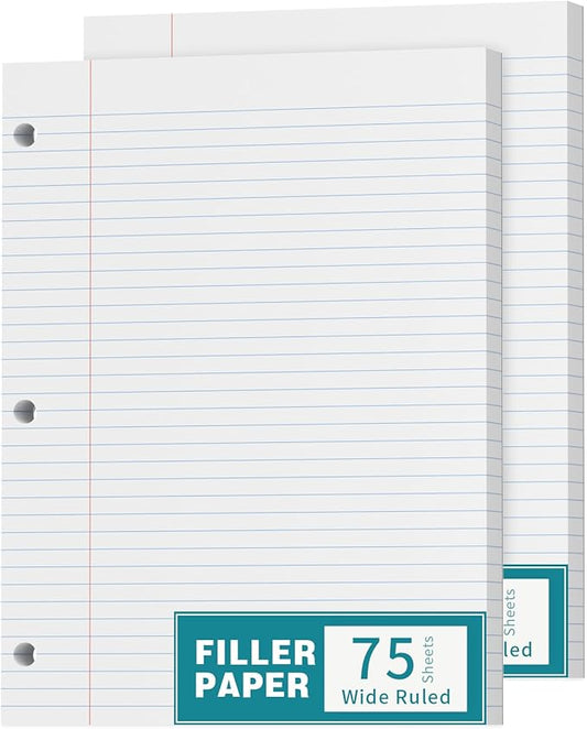 Loose Leaf Paper, 150 Sheets, 2 Pack Wide Ruled Filler Paper 8.5 x 11, 3 Hole Pouched, Standard, Loose Leaf Notebook Paper 8.5 x 11 Inch for Binder, Loose Leaf Filler Paper for Office, 75 Sheets/Pad