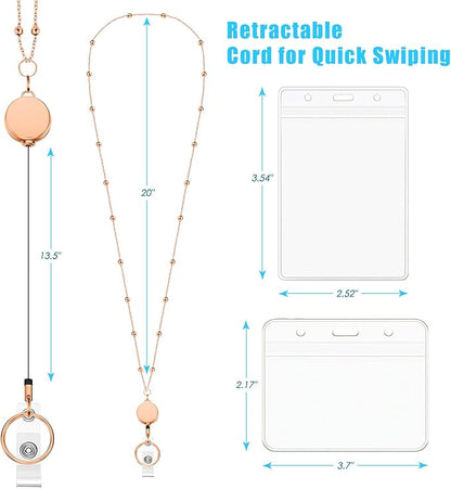 Retractable Badge Reel Lanyard with 2 Pieces ID Holder for Women, Fashion Beaded Chain Premium Stainless Steel Lanyard Necklace Water Resistant Name Badge Holder