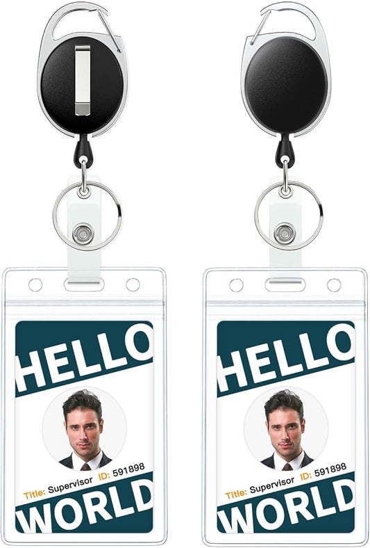 Uniclife 2 Pack Badge Holder Vertical Clear Plastic Case with Retractable Badge Reel Carabiner Clip Soft Waterproof Card Protector for IDs Credit Cards Proximity Cards Driver’s Licenses and Passes