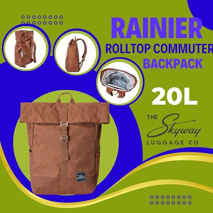 Skyway Luggage Rainier Rolltop Commuter Casual Daypack for Work or Hiking, Eco-Friendly, Made of 100% rPET Travel Laptop Bag for Women & Men, 20L, Moab Red