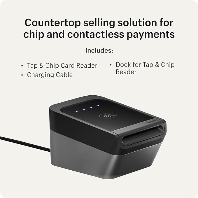 Tap & Chip Card Reader with Dock - POS Countertop Wireless Credit Card Reader Device + Holder Stand - Contactless Payment Point of Sale Station for Retail, Small Business