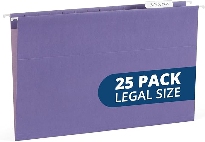 25 Blue Summit Supplies Legal Size Hanging File Folders, Purple Hanging File Folders, Durable 11pt Paper with Plastic Tabs and Inserts Included, 25 Pack