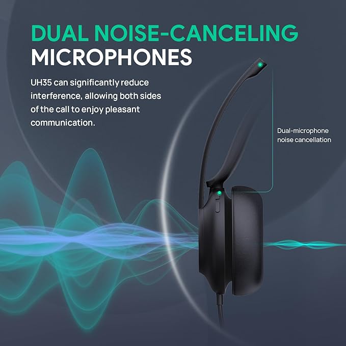 Yealink UH35 Professional USB Headset, Dual Wired Headset with Noise Cancelling Microphone, Call and Music Mode, Lightweight Comfort Design, Stereo, Teams Certified