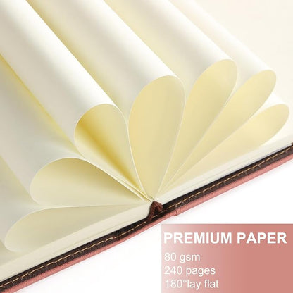 A5 Blank Journal Notebook, Refillable Hardcover Leather Sketchbook with Pocket and Magnetic Buckle, 240 Pages Thick Travel Sketchbooks for Drawing and Writing, 80gsm Unlined Journal for Men and Women