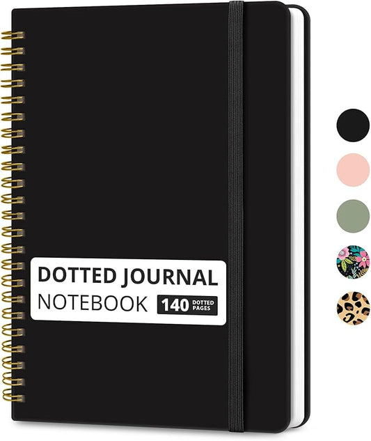 Dotted Spiral Journal Notebook for Women & Men, 140 Pages, Bullet Dotted Notebook for Journaling & Note Taking, Journals for Writing, A5(6"x8") - Black