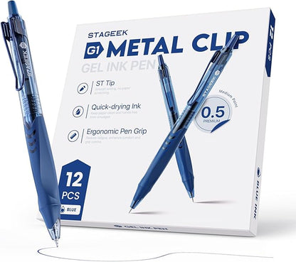 12 Pack Blue Gel Pens, Quick Dry Blue Ink Pens, 0.5mm Fine Point Retractable Smooth Writing Pens for Journaling, Writing, Business Gel Pen for Office School & Home Supplies(Blue)