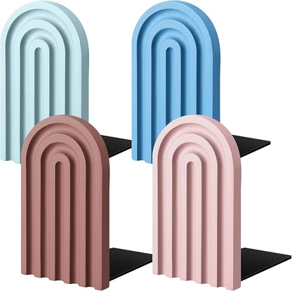 Harloon 4 Pieces Boho Arch Wood Bookends Rainbow Arch Back to School Gift Ideas Non Skid Bookend Decorative Wooden Book Stand Book Stoppers for Books Movies CDs(Morandi Color)
