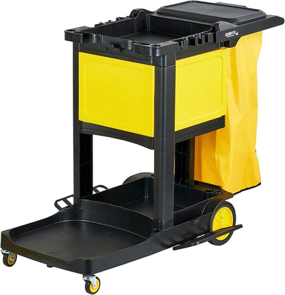 Restaurantware-Clean Tek Professional 3-Shelf Janitor Cart with Wheels, 1 Cleaning Trolley with Cover and 21 Gallon Bag - Includes 1 Single Locking Cabinet, Heavy-Duty, Gray Plastic Janitorial Cart