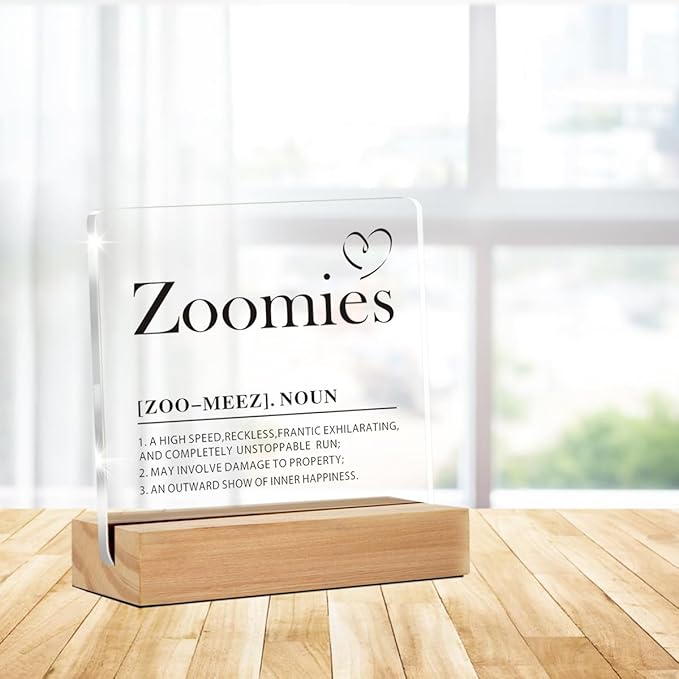 Dog Lover Gift, Dog Home Decor, Zoomies Definition Clear Desk Decorative Acrylic Sign With Wooden Stand for Office Desk Table Shelf (4 x 4 Inches)