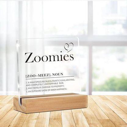 Dog Lover Gift, Dog Home Decor, Zoomies Definition Clear Desk Decorative Acrylic Sign With Wooden Stand for Office Desk Table Shelf (4 x 4 Inches)