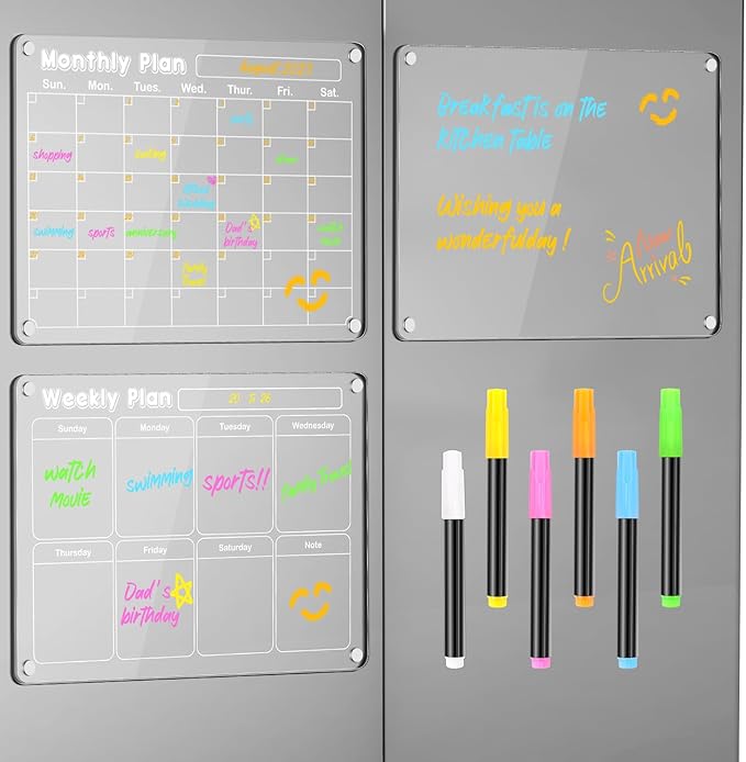 DIYMAG 3Pcs Acrylic Magnetic Dry Erase Calendar for Fridge, Clear Acrylic Calendar Planning Board Set Magnetic Weekly Monthly Planner Menu for Refrigerator with 6 Highlight