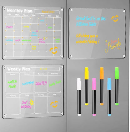 DIYMAG 3Pcs Acrylic Magnetic Dry Erase Calendar for Fridge, Clear Acrylic Calendar Planning Board Set Magnetic Weekly Monthly Planner Menu for Refrigerator with 6 Highlight
