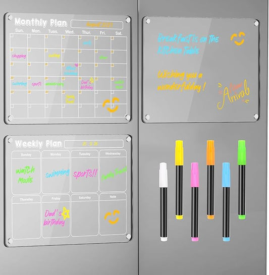 DIYMAG 3Pcs Acrylic Magnetic Dry Erase Calendar for Fridge, Clear Acrylic Calendar Planning Board Set Magnetic Weekly Monthly Planner Menu for Refrigerator with 6 Highlight