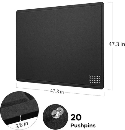 Large Bulletin Board - 48 x 48 Inches, Decorative Felt Pin Board for Wall - 4' x 4' Foldable Photo Display Board with Self-Adhesive Tape, Includes 20 Push Pins - Black