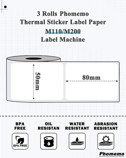 Phomemo M220 Labels - 3 Rolls, 100 Labels/Roll, Square, Black on White, 1.97"x3.15" (50x80mm), Compatible with M110/M220/M221/M120/M200 Printers