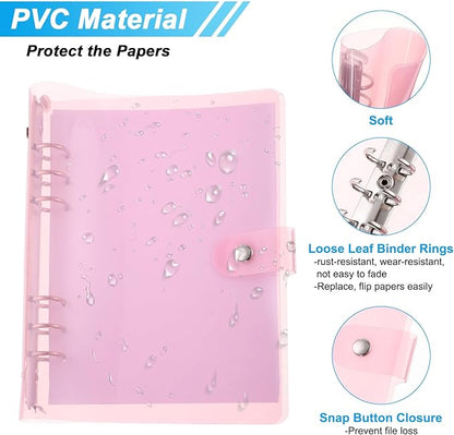 PATIKIL A5 Clear Binder Cover, Soft PVC Loose Leaf Binder Protector Refillable Notebook Shell with Snap Button Closure for DIY Meeting Notebook Folder, Pink