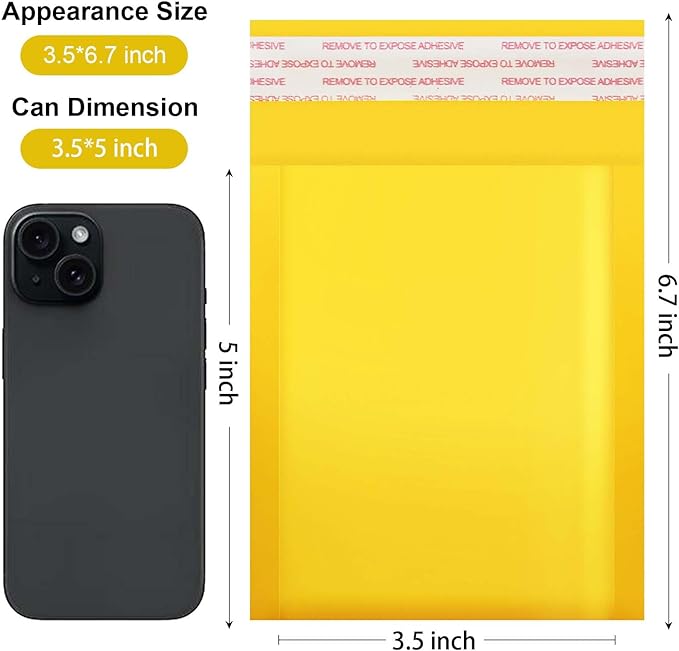 Dasen Kraft Bubble Mailers 3.5x5 Inch 50 Pcs,Small Self-Sealing Waterproof Cushioned Mail Shipping Bags,Yellow Padded Envelopes #0000