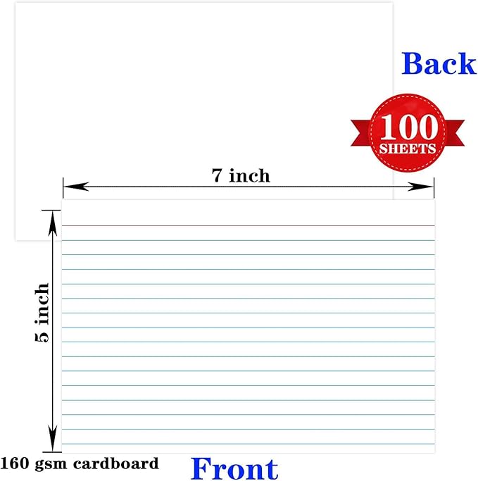 100 Pcs Index Cards 5x7 Ruled - Pinovk Flash Cards for Studying, White Index Cards, File Note Cards, Study Cards, Flash Cards, Study Cards, Lined Index Flashcards for Office and School Supplies