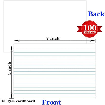 100 Pcs Index Cards 5x7 Ruled - Pinovk Flash Cards for Studying, White Index Cards, File Note Cards, Study Cards, Flash Cards, Study Cards, Lined Index Flashcards for Office and School Supplies