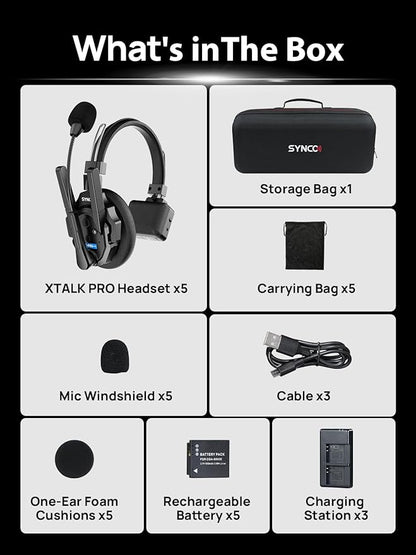 SYNCO XTALK XPRO5 Wireless Intercom Headset System, 500m/1640ft 2.4GHz Communication Headsets for 5 Person with Noise Reduction Film Documentary TV Production, Xtalk-Xpro-X5-headset-intercom