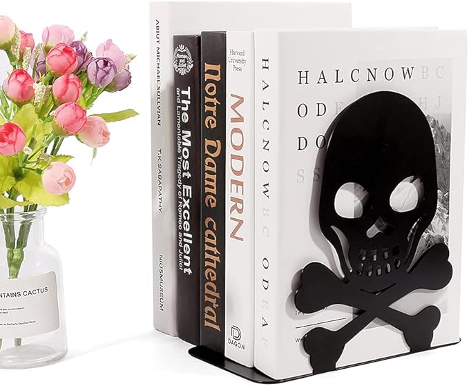 Metal Skull Design Black Bookend - Heavy-Duty Bookends for Shelves, Skull Book Ends for Heavy Books, Book Shelf Holder Home Office Decorative Desktop Organizer (1 Pair A)