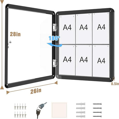 28"x26" Enclosed Bulletin Board, Lockable Weather-Resistant Aluminum Cork Noticeboard for School & Office, Black Frame w/Grey Flet