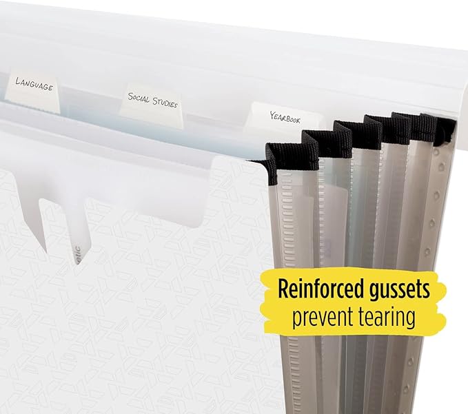 Five Star 6 Pocket Expanding File Organizer, Plastic Expandable File Folders with Pockets and Tab Inserts, Holds 11" x 8-1/2", Bungee Closure, White (355520E)