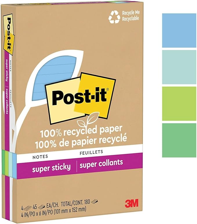 Post-it 100% Recycled Paper Super Sticky Notes, Lined, 4 in. x 6 in., 4 Pads, 45 Sheets per Pad, Oasis Collection, School Supplies and Office Products
