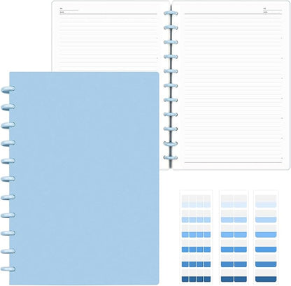 Discbound Notebook, 8-Disc Disbound Planner with Removable Pages, 180 Pages Spiral Notebook, Poly Cover Discbound Planner for Work, Travel, Note Taking(With Index Sticker),Blue,A4