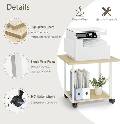 MARTY 22"x15.75" Large Under Desk Printer Stand with Storage Shelf 2-Tier Rolling Printer Cart with Wheels Printer Table for Home Office Heavy Duty Storage Rack for Scanner Fax Machine, Maple