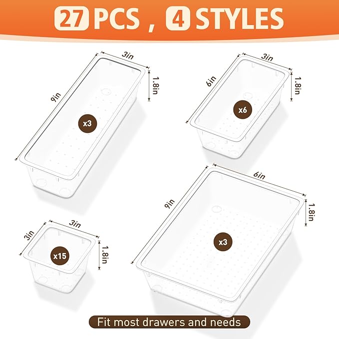 27 PCS Clear Plastic Drawer Organizers Set, 4-Size Versatile Bathroom and Vanity Drawer Organizer Trays, Storage Bins for Makeup, Bedroom, Kitchen Gadgets Utensils and Office