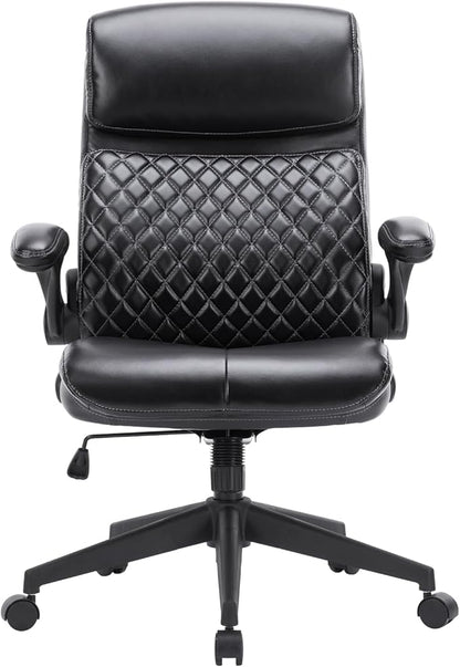 COLAMY Office Chair High Back Executive Computer Desk Chair, Ergonomic Home Office Chair with Padded Flip-up Arms, Adjustable Height and Tilt, Swivel Task Chair with Thick Leather, Diamond Black