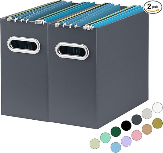 Oterri File Organizer, Small Storage Box, Cardboard File Folder Organizer, Collapsible File Box, Hanging File Organizer for Letter Size, Portable File Box with Handle, Only Box (Dark Grey,2 Packs)