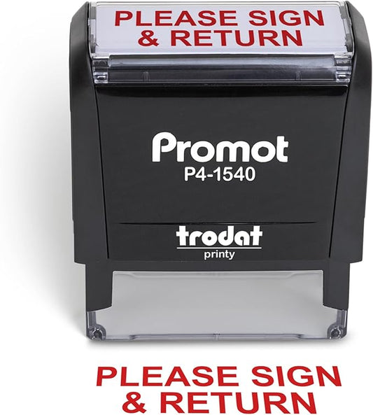 Promot Please Sign and Return Self Inking Rubber Stamp - Refillable Teacher Stamps - Business, Bookkeeping, Ordering, Accounting, Work, Bank, Office Stamper - Red Ink