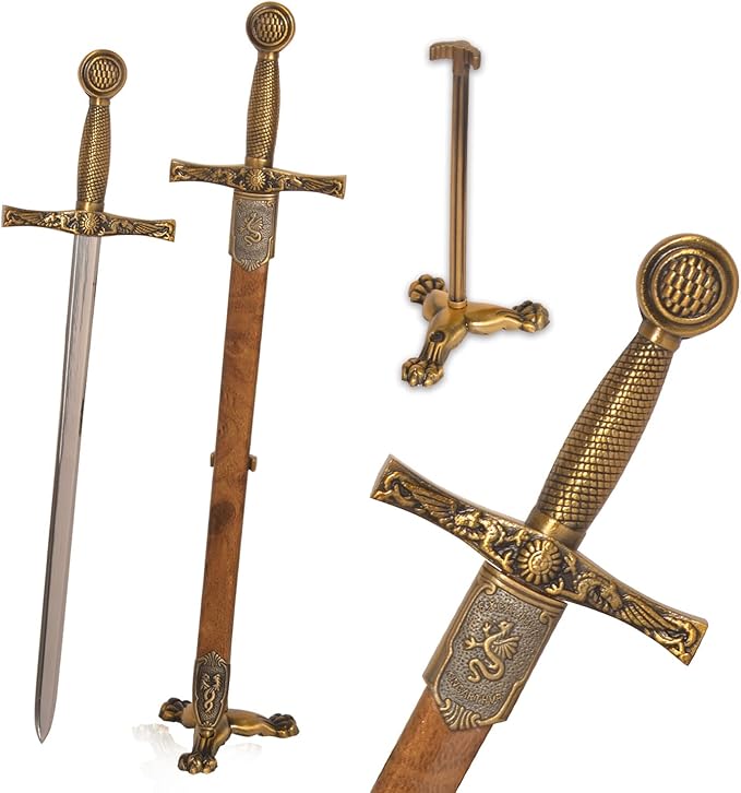 11" Metal Stainless Steel Sword Letter Opener with Stand,Medieval Vintage Gold Handle,Mini Sword,Lightweight Hand Envelope Slitter,Special Gift