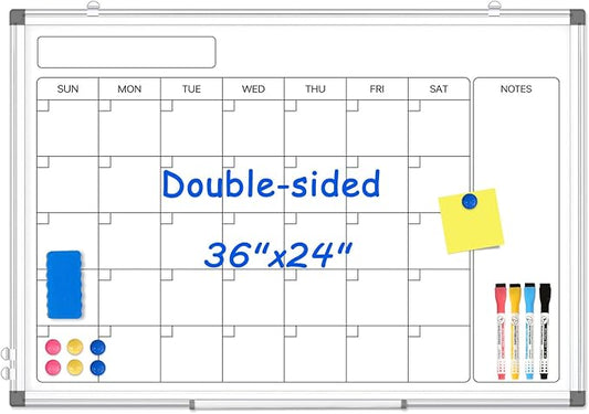 Monthly Calendar Dry Erase Whiteboard for Wall, 36" x 24" Double-Sided Calendar White Board, Magnetic Portable Board for Office, Kitchen, School, Home