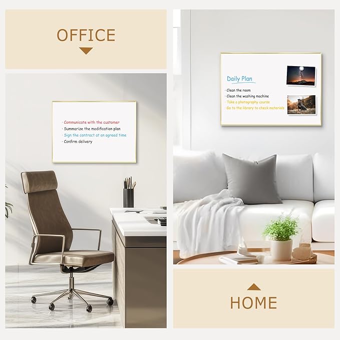 Magnetic Whiteboard, 24"x18" Gold Aluminum Frame Dry Erase White Board for Wall, Hanging Wipe Board with 6 Magnets, 4 Markers & 1 Eraser for Home and Office