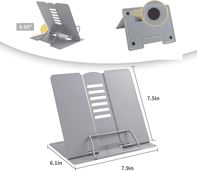 Metal Book Stand - Adjustable Holder for Reading (Full Grey)