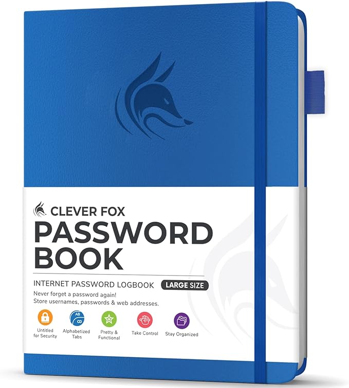 Clever Fox Password Book with Alphabetical tabs. Internet Address Organizer Logbook. Large Password Keeper for Website Logins (Royal Blue)