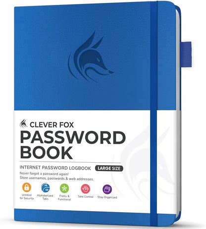 Clever Fox Password Book with Alphabetical tabs. Internet Address Organizer Logbook. Large Password Keeper for Website Logins (Royal Blue)