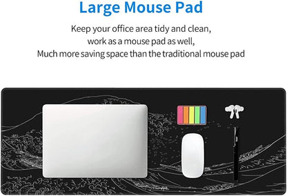 Extended Gaming Mouse Pad, Large Gaming Mouse Waterproof with Stitched Edges, Non-Slip Desktop Pad for Home and Office, Level Up Your 31.5x11.8 Inch… (Black Wave)