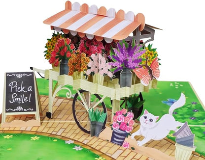 Flowers Cart Pop Up Card, Cat Catching Butterfly, 3D Greeting Card, Gifts for Birthday, Mothers Day, Valentines Day, Mom, Wife, Girlfriend, Sister, 5x7 - Includes Envelope And Message Note