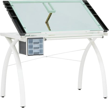 SD STUDIO DESIGNS Futura Craft Station 38" W Drawer and Built-in Pencil Ledge-Tilt Top Drafting Table, Glossy Sage/Clear Glass