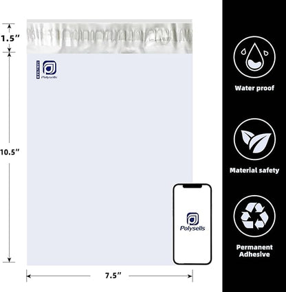 POLYSELLS 1000 pcs 7.5x10.5 Inches White x Silver Poly Mailers Shipping Envelopes, Strong Adhesive Sealing, Waterproof, and Tear-resistant Postal Mailing Bags for Clothing, Books, and Accessories