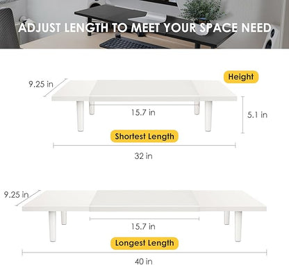 Dual-Monitor-Stand-Riser-For-Desk Adjustable Length 32-40 Inch，Large Desktop Computer Monitor Riser For 2 Screens，Desk Shelf Organizer Riser Stand For Computer/Laptop/PC/Printer/TV White