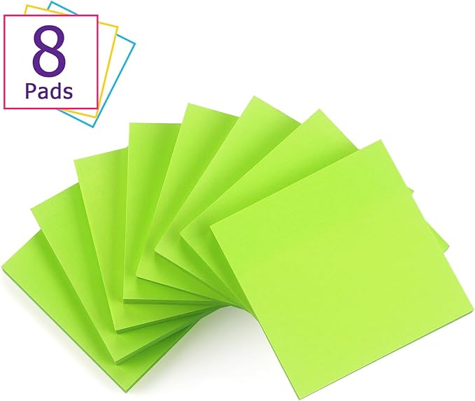 Sticky Notes 3x3 Self-Stick Notes Bright Colors Sticky Notes 8 Pads 80 Sheet/Pad (Green)
