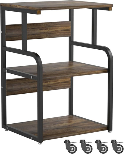 Large Printer Stand with 3-Tier Wood Storage Shelves -Multi-Purpose Desk Organizer- for Printer Scanner Fax Home Office Use with Wheels (Rustic Brown)