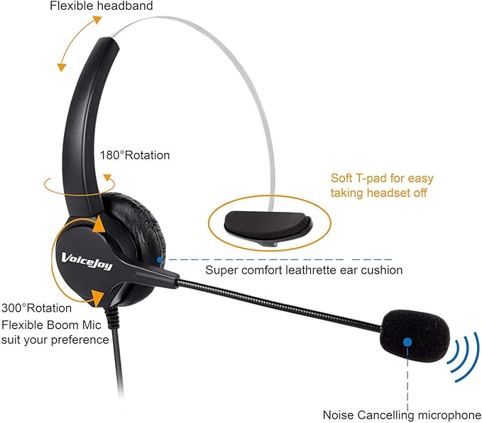 VoiceJoy Office Headset with RJ9 Plug for Cisco IP Phones 7940 7960 7970 6921 Series 8811,8841,8851,8861,8941,8945,8961,9951,9971 etc