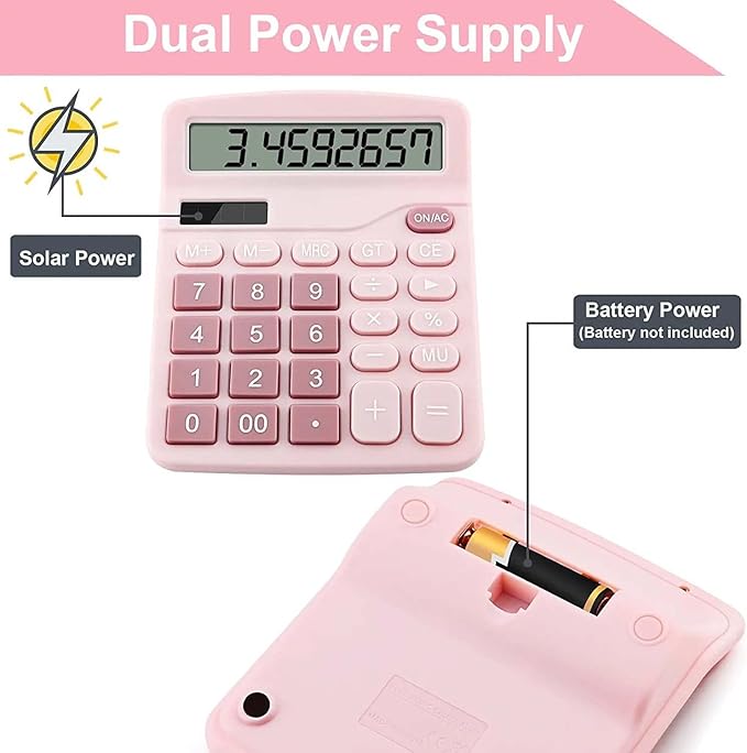 Office Desk Calculator, Cute Calculator for Kids, Basic Calculators Desktop, Dual Power Simple Financial Calculator with Big Button Large Display for Office Home and School (Pink)
