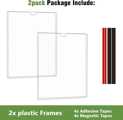 2 Pcs Wall Sign Holder 8.5"x11" Magnetic Sign Holder, Rigid Print Protectors with Magnet Strips and Adhesive Strips, Wall Mount Plastic Paper Holder for Office Store Home Window Display (Clear)